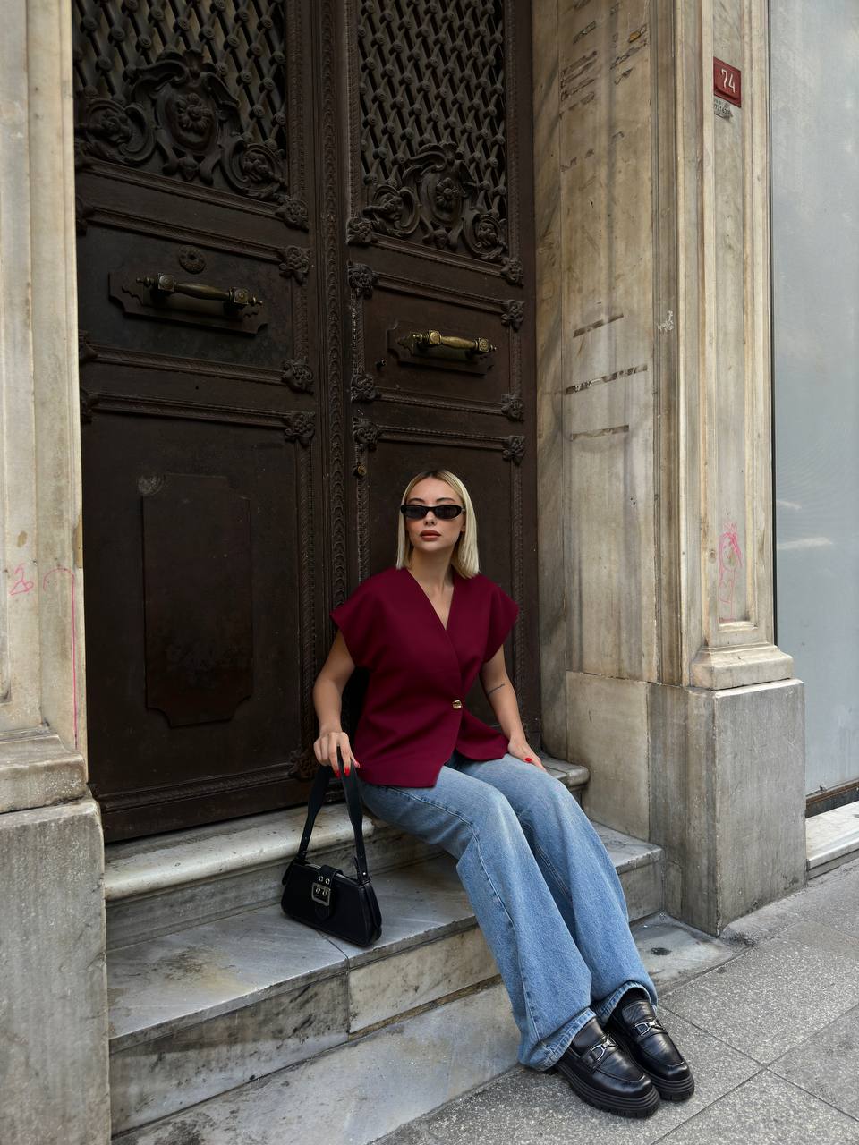 Kurzarm-Blazer Bordeauxrot